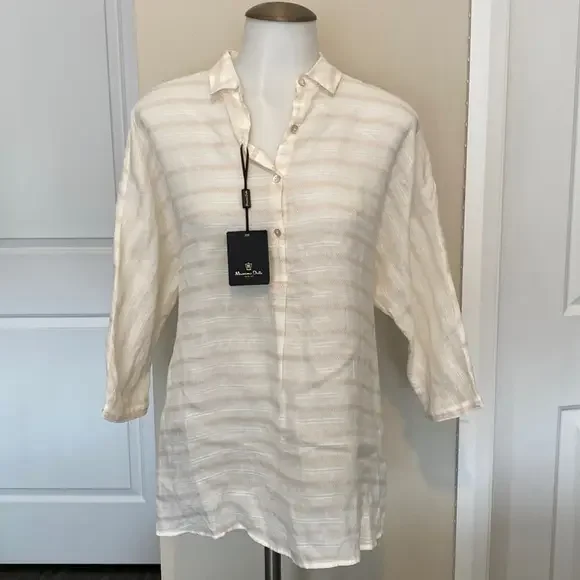 NWT! Massimo Dutti Striped Linen Tie Blouse - Picture 1 of 7
